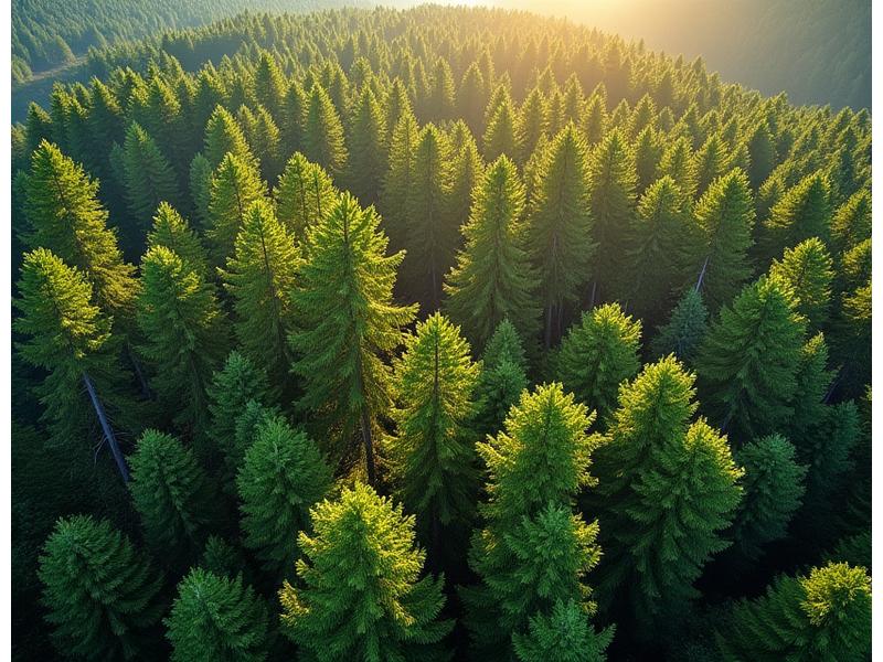 A vibrant, well-managed sustainably harvested forest with young trees alongside mature ones, indicating responsible forestry practices.