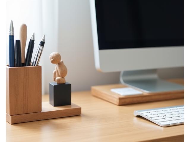 A tidy home office desk with a curated selection of wooden accessories: a sleek pen holder, a minimalist phone stand, and a small, inspiring wooden sculpture, creating a productive and aesthetically pleasing workspace.