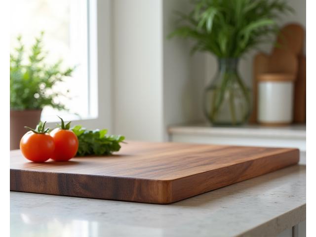 Customer's kitchen with a beautiful wooden cutting board on display