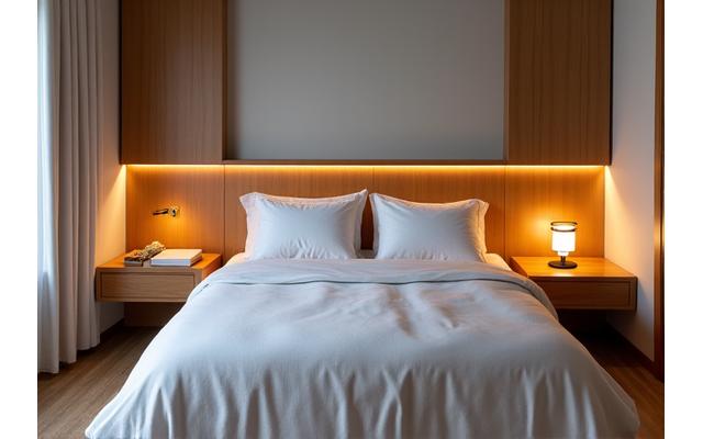 A small, stylish bedroom with a custom-built wooden headboard that extends into compact side tables with integrated lighting, perfectly proportioned for the room.