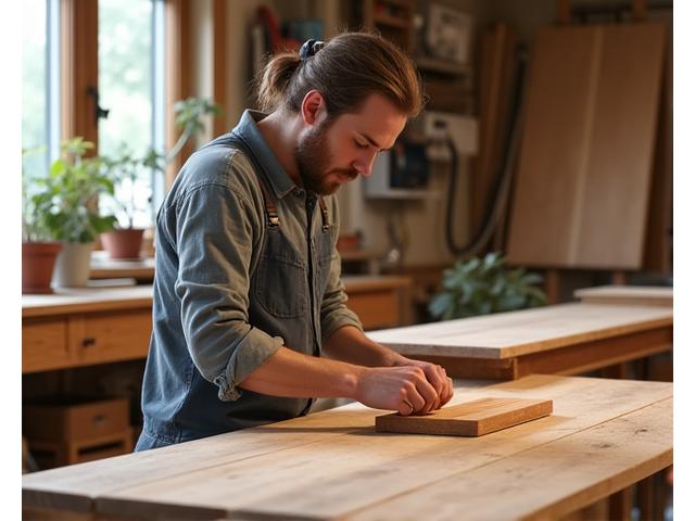 Artisan working in a bright, clean woodworking shop with modern dust collection systems visible