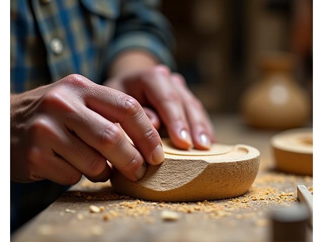 A close-up shot of an artisan's hands meticulously sanding a piece of raw wood, with wood shavings visible on the workbench, suggesting precision and care.