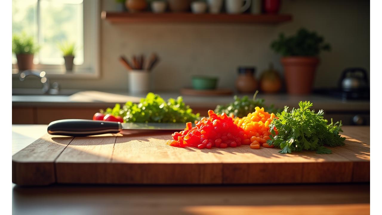 Large maple cutting board filled with freshly chopped vegetables and herbs, with a chef's knife resting on it. Warm, inviting kitchen setting.